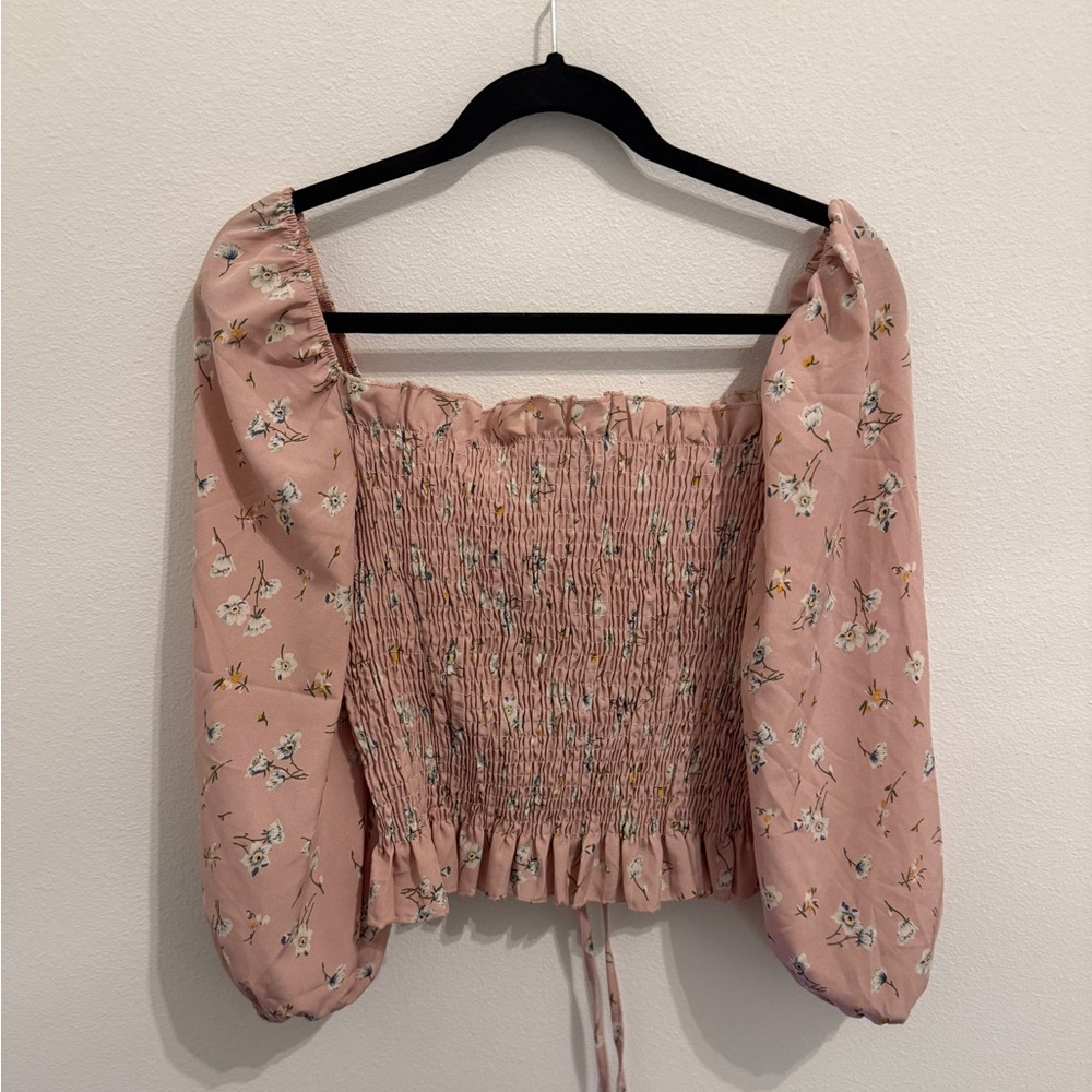 Floral Drawstring Ruched Puff Long Sleeve Ruffle Smocked Crop Top - Picture 4 of 4